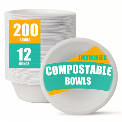JINVOGREEN 200 Count 12 oz Paper Bowls, Disposable Compostable Bowls Bulk, Heavy Duty Biodegradable Bagasse Bowl for Snacks, Soup, and Salads, White