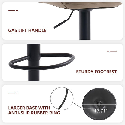 Kidol & Shellder Adjustable Bar Stools Set of 2, Faux Leather Counter Height BarStools with Back and Metal Base, Modern Mid Century Upholstered Bar stools for Kitchen Island Khaki