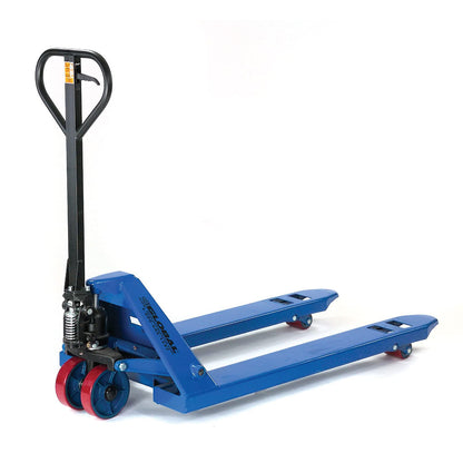 Global Industrial High Capacity Pallet Jack with 27" W x 36" L Forks, 6600 Lb. Capacity, Manual Duty Truck for Warehouse, Manufacturing and Retail, Blue Powder Coat Finish