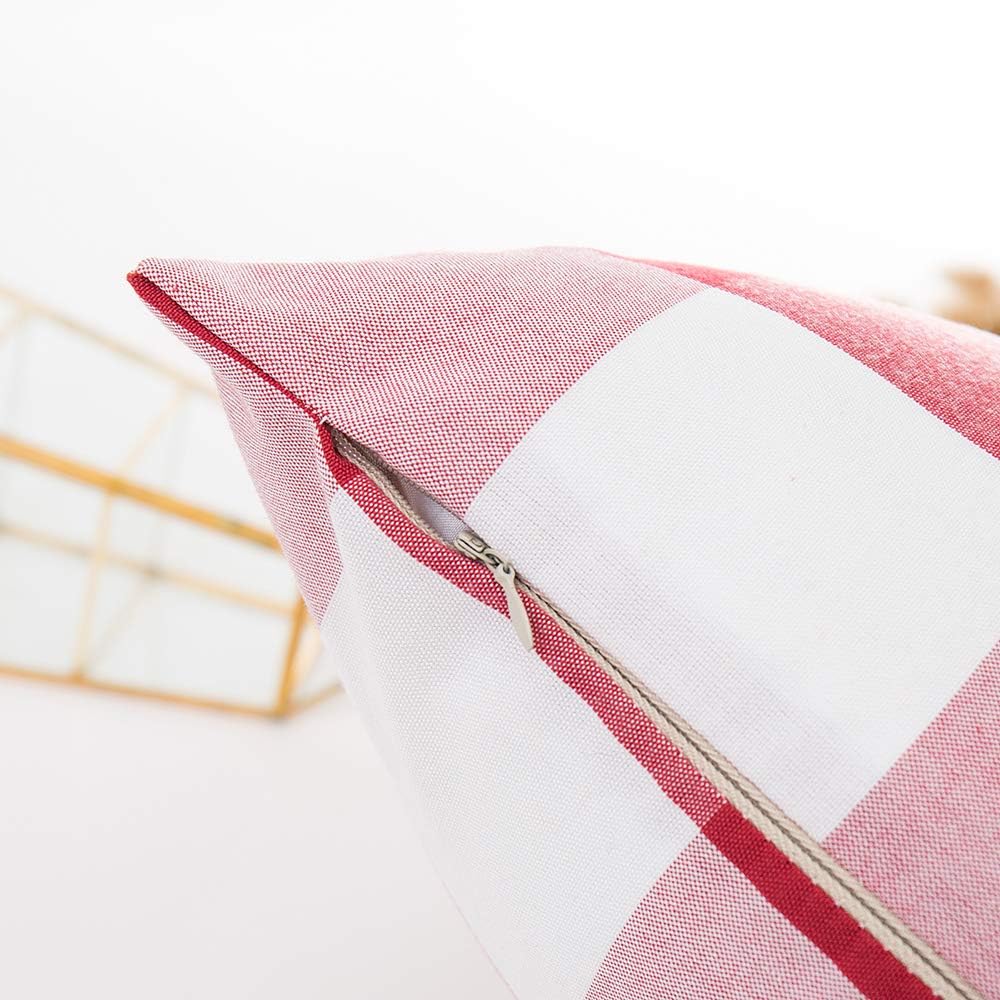Set of 4 Throw Pillow Covers, Decorative Cotton Linen Cushion Covers, Geometric Stripe Tartan Checkered, Red (18x18")