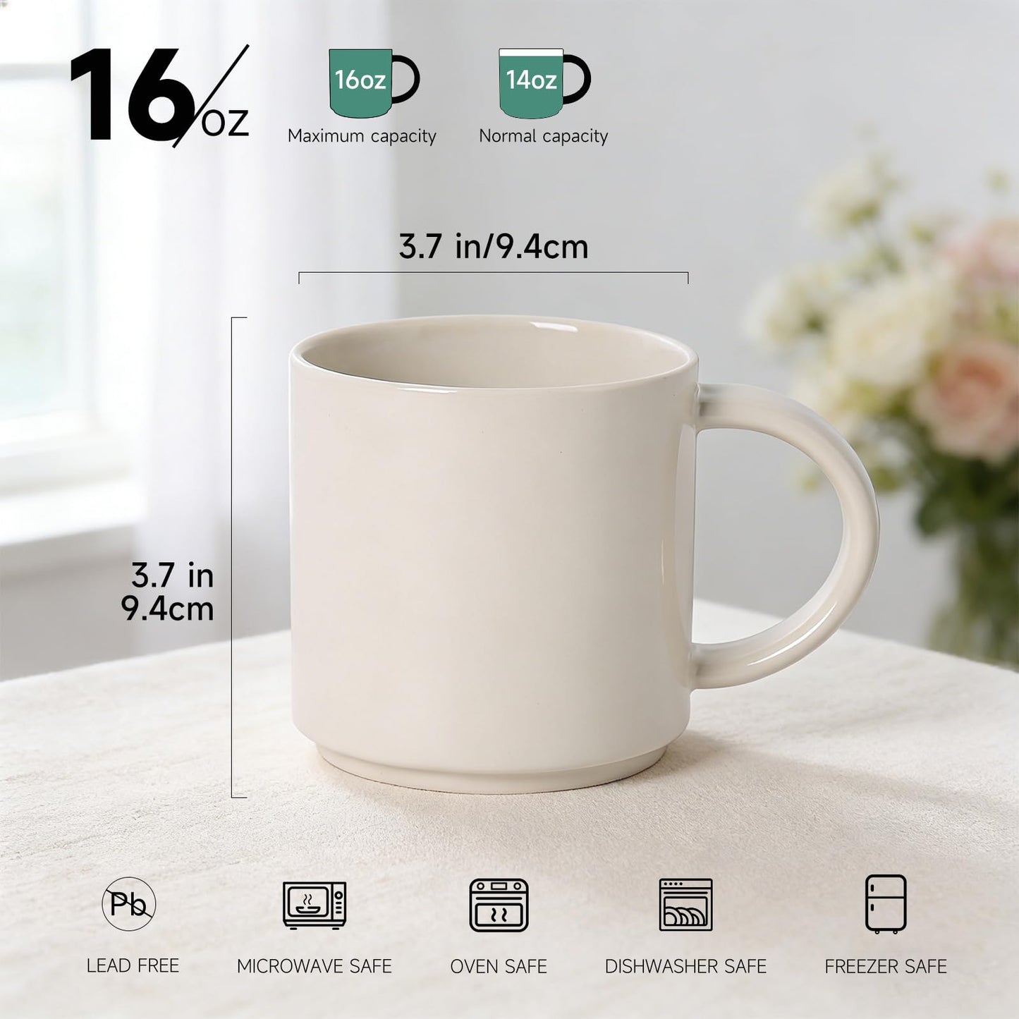 ALOFMO Coffee Mugs Set of 4, Stoneware Coffee Cups with Comfortable Handle, 16oz Ceramic Mugs for Kitchen & Office, Dishwasher & Microwave Safe - Creamy White
