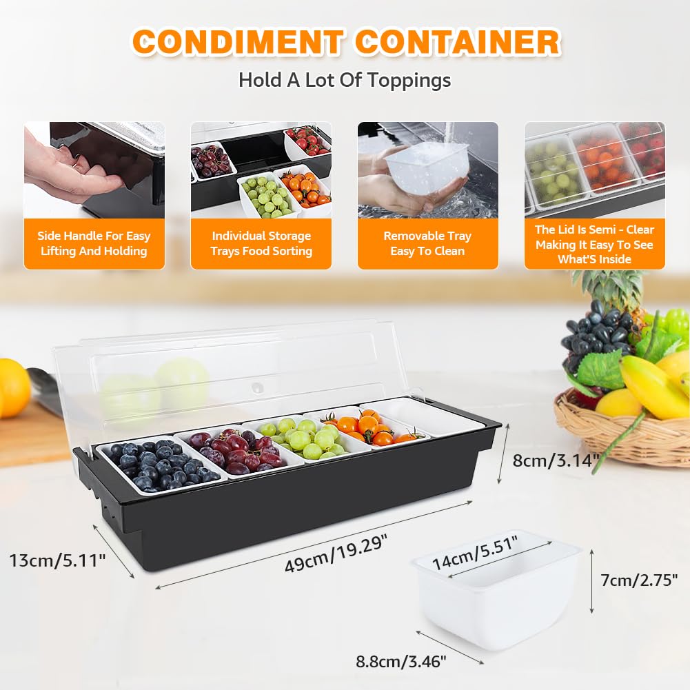 ZXXSFM Condiment Garnish Tray Caddy For Bartenders,Bar Garnish Fruit Caddy With Lid,Plastic Condiment Container For Bartending,Outside Parties (5 Compartment)