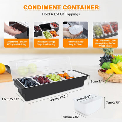 ZXXSFM Condiment Garnish Tray Caddy For Bartenders,Bar Garnish Fruit Caddy With Lid,Plastic Condiment Container For Bartending,Outside Parties (5 Compartment)