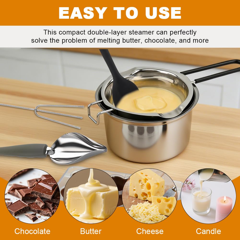 Stainless Steel Double Boiler Melting Pot (600/1600ML) & Silicone Scraper,Tridented Tool,Chocolate Spoon,Large Capacity Chocolate Melting Pot for Butter Candy Butter Cheese Making
