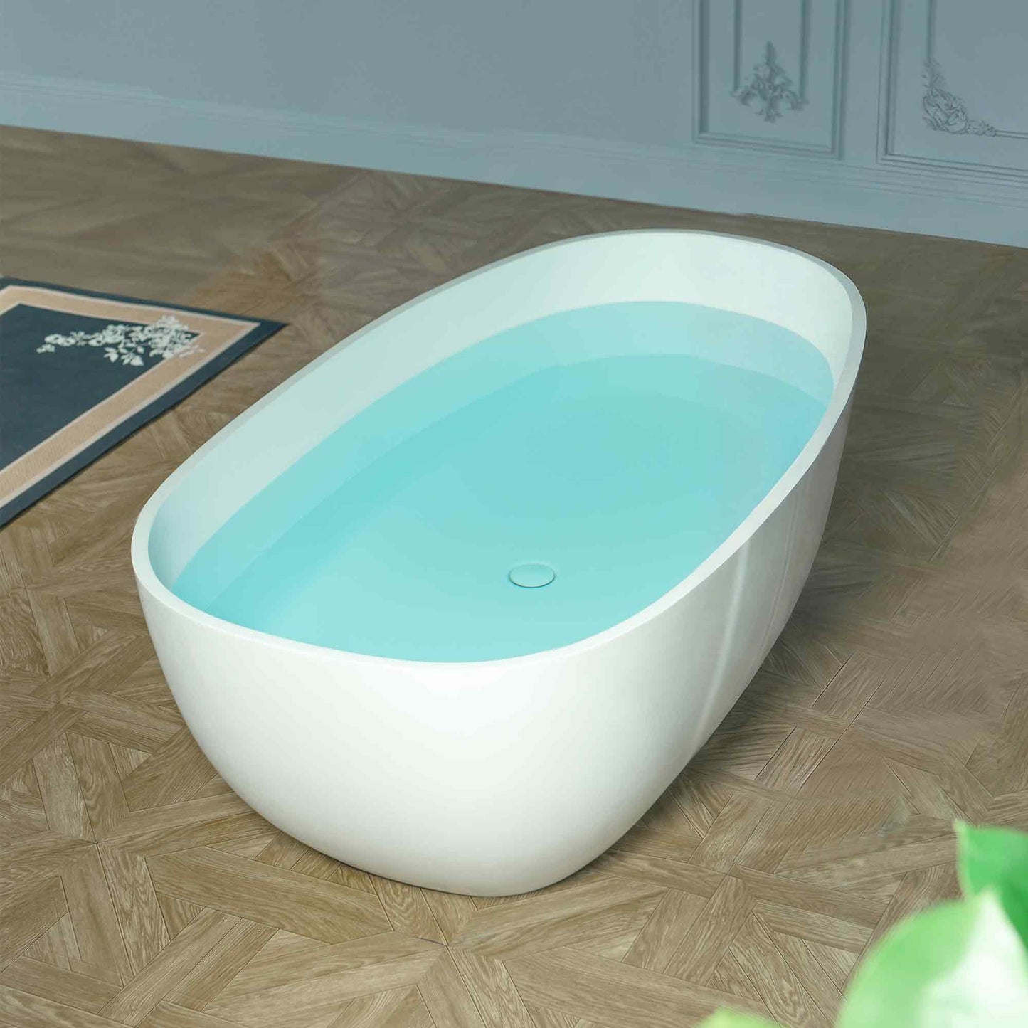 WOODBRIDGE 59" Egg-Shaped Solid Surface Freestanding Soaking Tub, Modern Oval Stone Resin Bathtub with Integrated Slotted Overflow & Drain, Matte White, EST0701