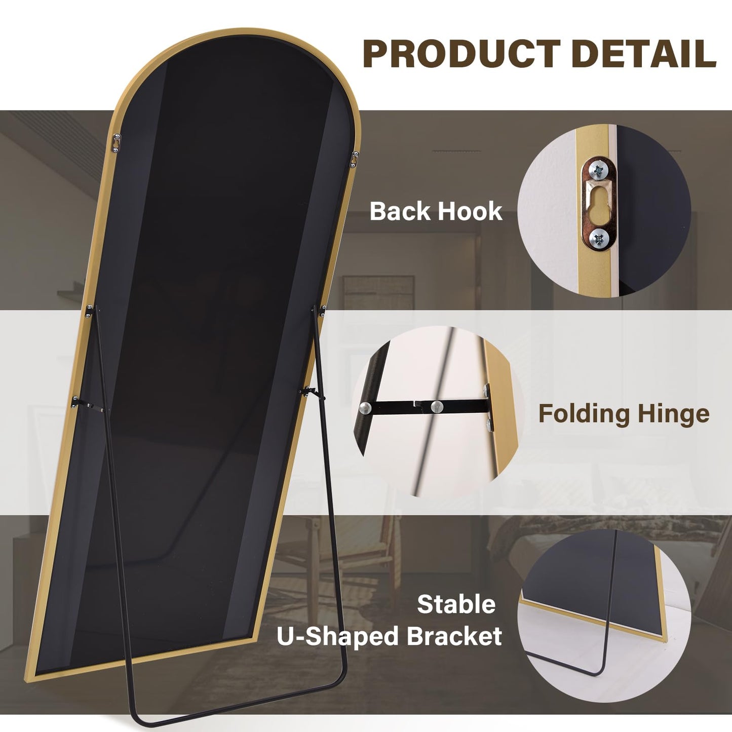 XRAMFY 86"x40" Arched Full Length Mirror Floor Mirrors with Aluminum Alloy Frame Free-Standing Wall Mounted Floor Mirrors or Large Dressing Mirror, Gold Mirror Full Length