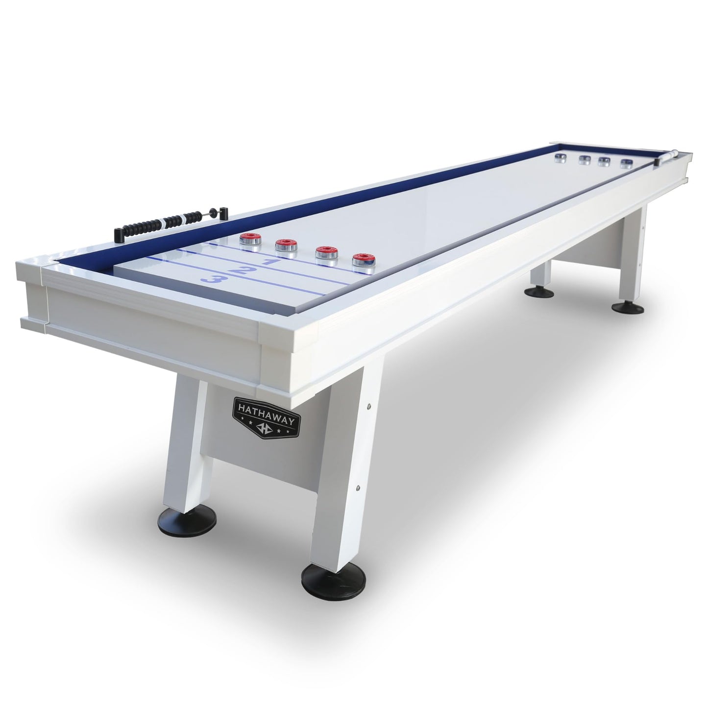Hathaway Crestline 12 Ft Outdoor Shuffleboard Table for Patio, Yard & Deck - with Weatherproof Playfield, Built-in Scorer & Fitted Cover, Leg Levelers, 8 Pucks, Wax – White Finish