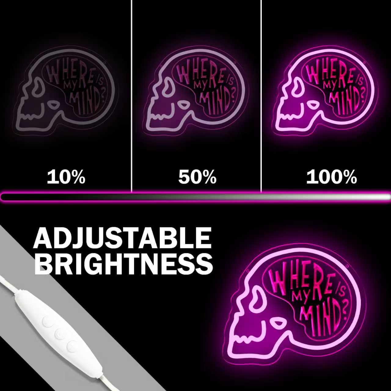 MOERBENCHI Skull Where is My Mind Neon Signs for Wall Decor, USB Dimmable Pink Skeleton LED Neon Light Sign for Bedroom Man Cave Beer Bar Club Game Room, Halloween Party Decor Gift