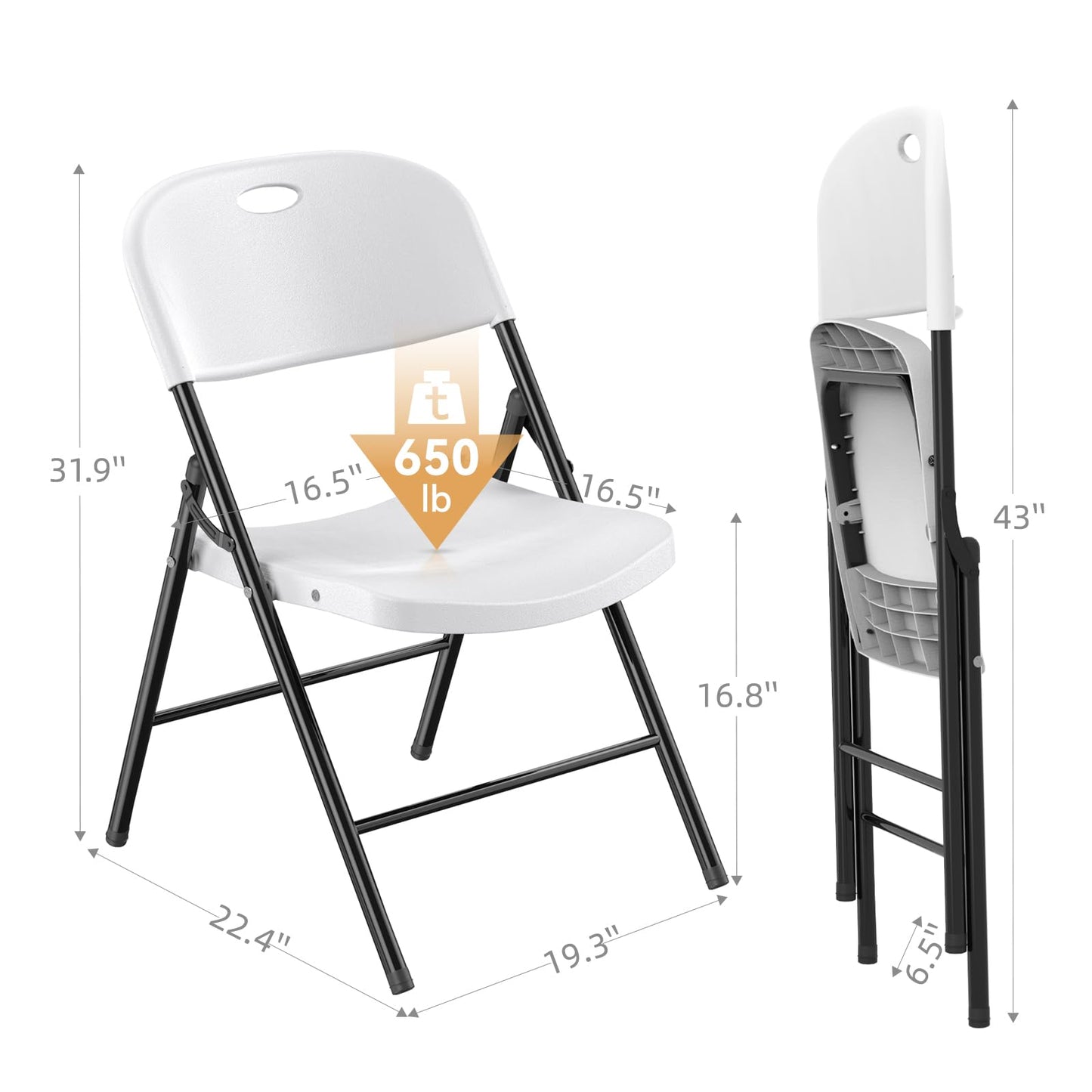 Nazhura 650 Weight Limit Heavy Duty Plastic Folding Chair with Reinfoced Steel Frame for Indoor and Outdoor, Wedding, Party, Restaurant, Meeting Room, Patio and Garden (White, 16 Pack)