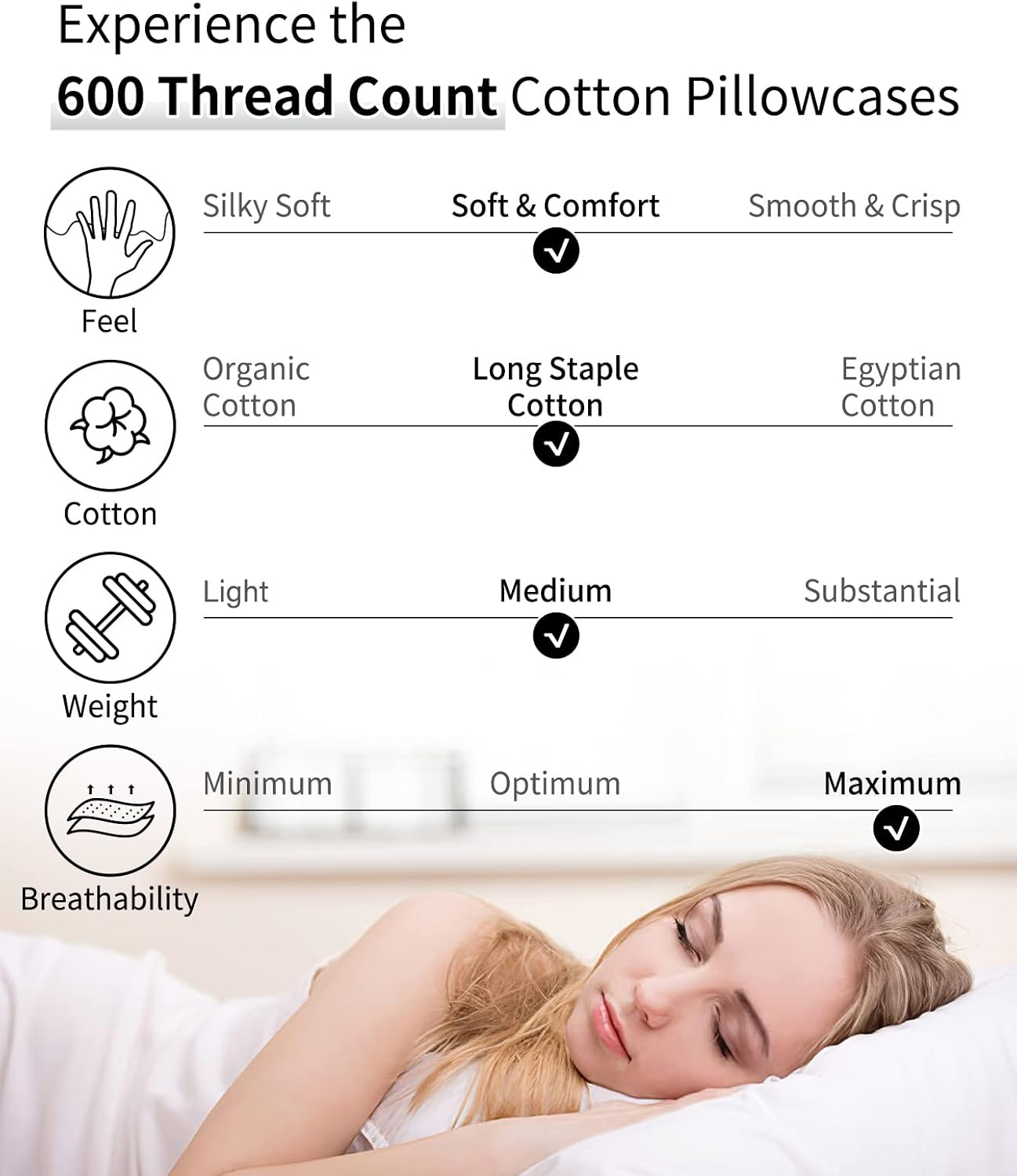 Warmstar King Size Cotton Pillowcases - Set of 2, 600 Thread Count, Soft & Breathable White 20x36 Inches
