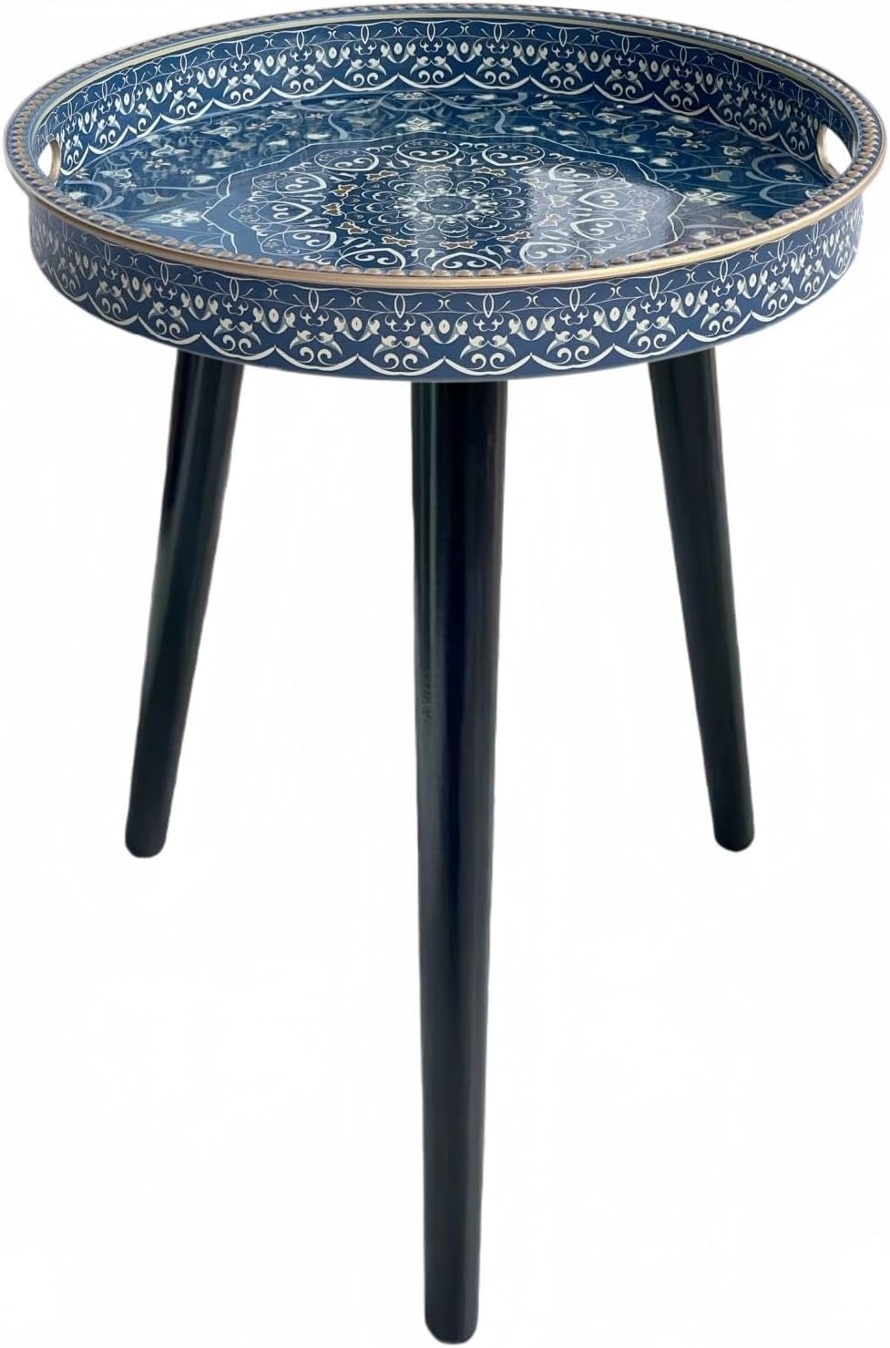 13" 3 Zosenley Small Round Side Table with Boho Mandala Pattern Tray - Vintage Navy Blue Tripod End Table