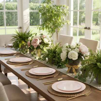 I00000 150 PCS Pink Plastic Plates for Party,Heavy Duty Pink Disposable Plates,Gold Dinnerware Set Include 30 Dinner Plates,30 Dessert Plates,30 Gold Plastic Silverware Set for Mother's Day