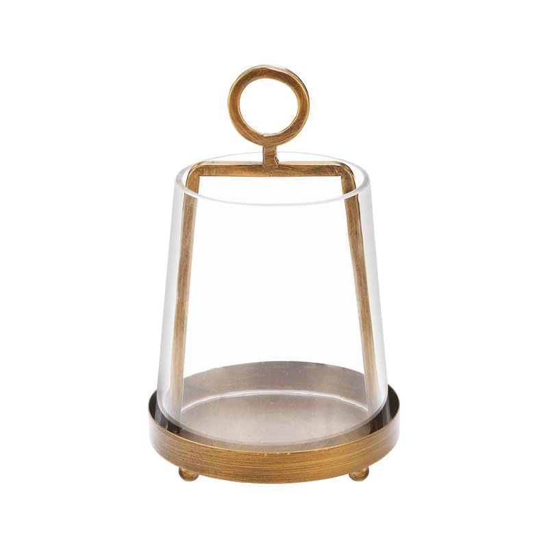 Twakutwaku 6" Wide Modern Farmhouse Metal Hurricane Candle Holder with Handmade Sturdy Glass Sleeve in Antique Brass for Pillar Candle & Plants, Glass Hurricane Lantern, Industrial, Minimalistic