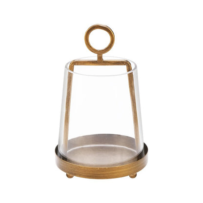 Twakutwaku 6" Wide Modern Farmhouse Metal Hurricane Candle Holder with Handmade Sturdy Glass Sleeve in Antique Brass for Pillar Candle & Plants, Glass Hurricane Lantern, Industrial, Minimalistic