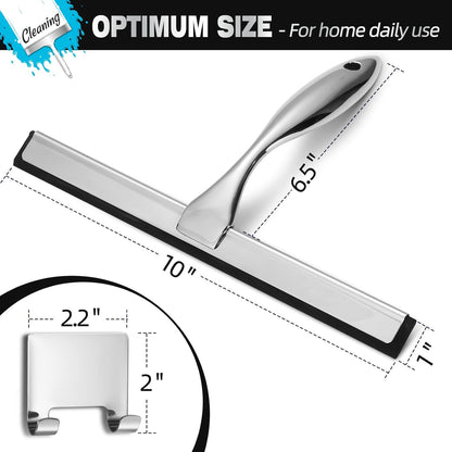 NETANY Shower Squeegee, 10-Inch Silver Stainless Steel Squeegee for Bathroom, Shower Doors, Mirrors, Tiles