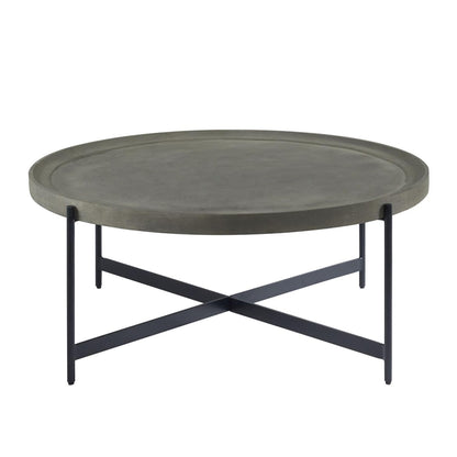 Alaterre Furniture Brookline 42-Inch Round Concrete-Coated Wood Coffee Table with Tray Top and Black Iron Legs – Industrial Farmhouse Living Room Accent Table with X-Frame Base