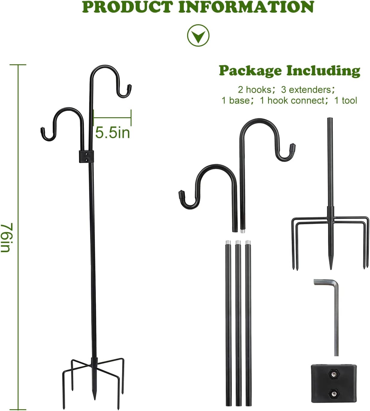 76 Inches Shephard Hooks Outdoor for Lanterns Double Hooks Heavy Duty Shepherd Stand Plant Hanger Yard Hooks for Solar