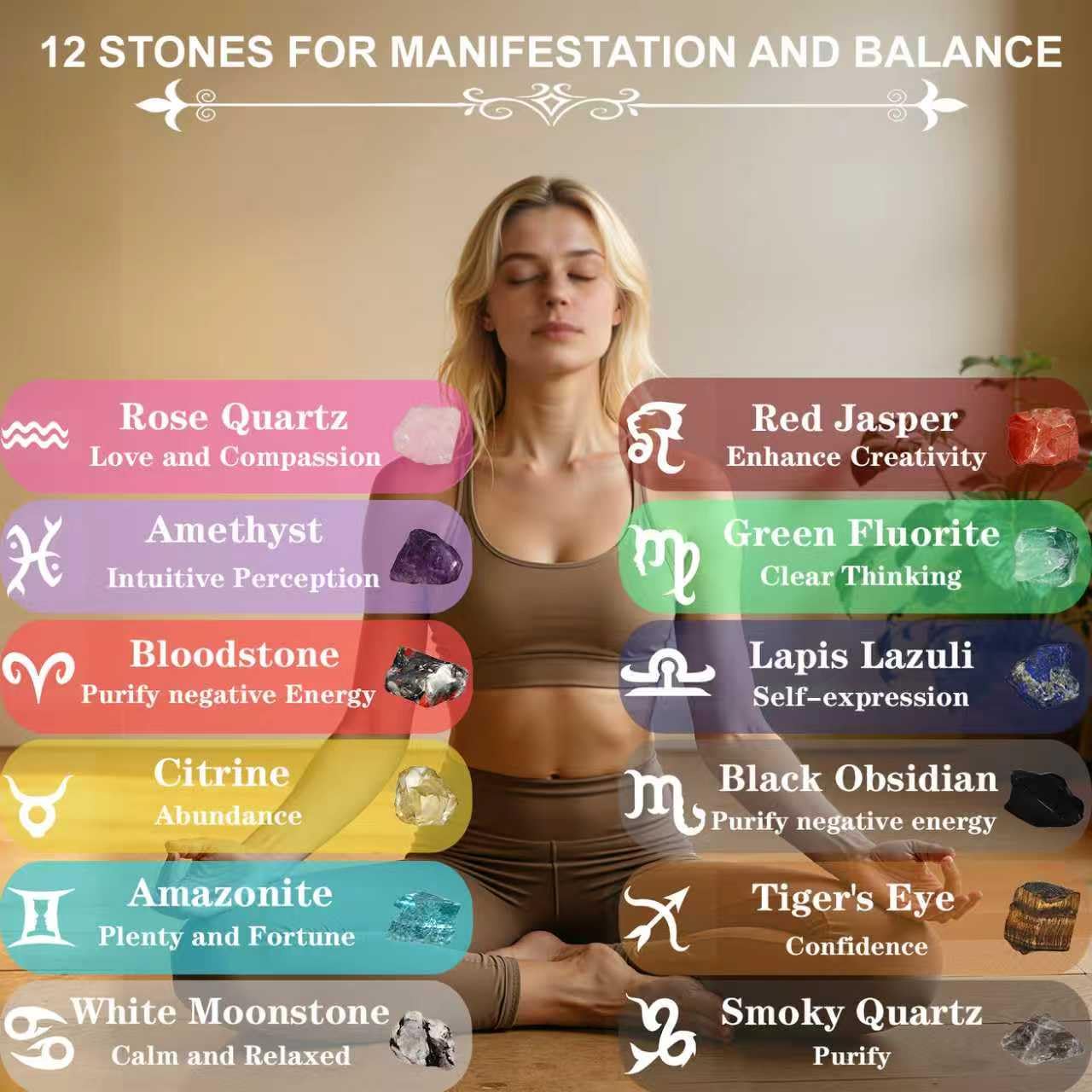 Alcrysia Set of 12 Raw Crystals and Healing Stones, One Stone for Each Month, Chakra, Meditating and Energy Healing Stones, DIY Necklace kit and Clear Quartz Necklace, Handcrafted Gift for Women