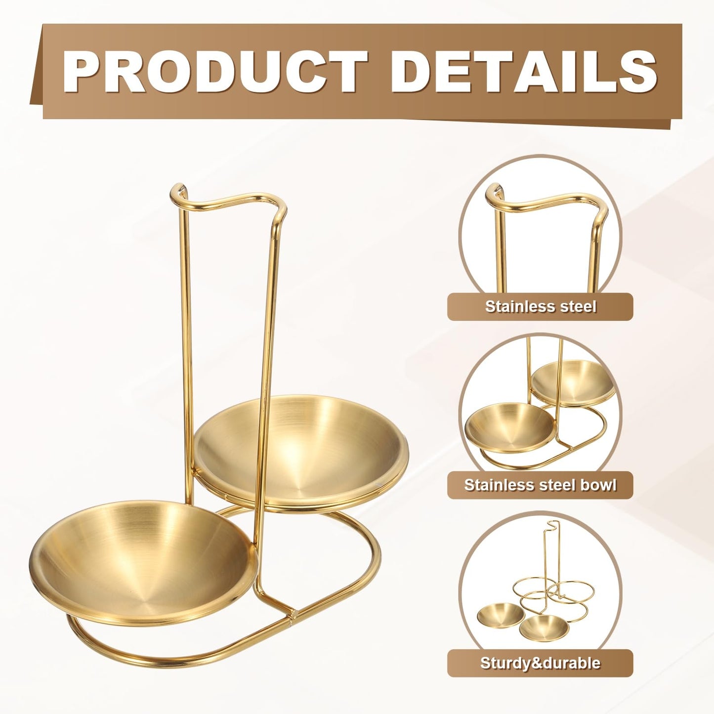 uxcell Spoon Rest Holder, 8.5x4.3x8.5 Inch Stainless Steel Upright Ladle Rack Set with Double Round Stainless Steel Bowl, Portable Upright Spoons Rest for Home Kitchen Counter, Gold