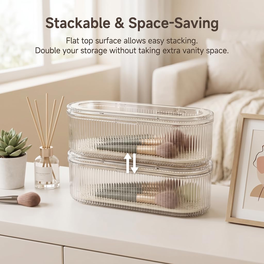 Makeup Brush Holder Organizer Clear Acrylic Makeup Sponges Organizer,Cosmetic Storage Case with Lid Display Case for Vanity (Brush Organizer)