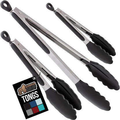 GORILLA GRIP Stainless Steel Heat Resistant Kitchen Tongs for Cooking, 9 + 12 Inch, Set of 2 BBQ Tong, Non Scratch Silicone Tip for Pan, Strong Grip, Grab Food, Toss Salad, Air Fryer, Pull Lock, Black