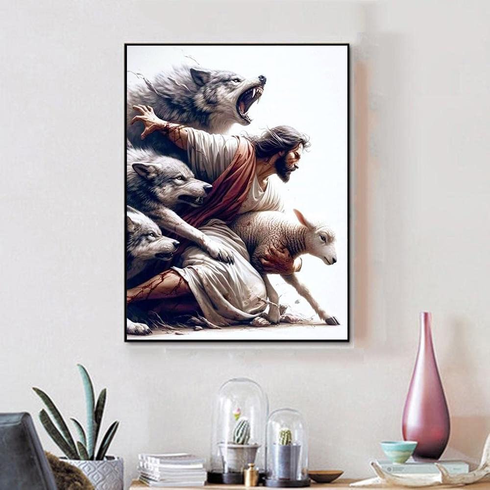 YIMORE 5D DIY Diamond Art Painting Kits Christ Jesus Wolf and Lamb 16X20 inches for Adults ，Full Round Drill Rhinestone Embroidery for Home Wall Decor