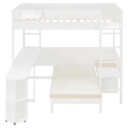 Merax Full Size Loft Bed with Extendable Desk and Lights, Wood Loft Bed Frame with Storage Shelves & Padded Foldable Sofa, Space-Saving Loft Bed for Teens Adults, Dorm Apartment, White