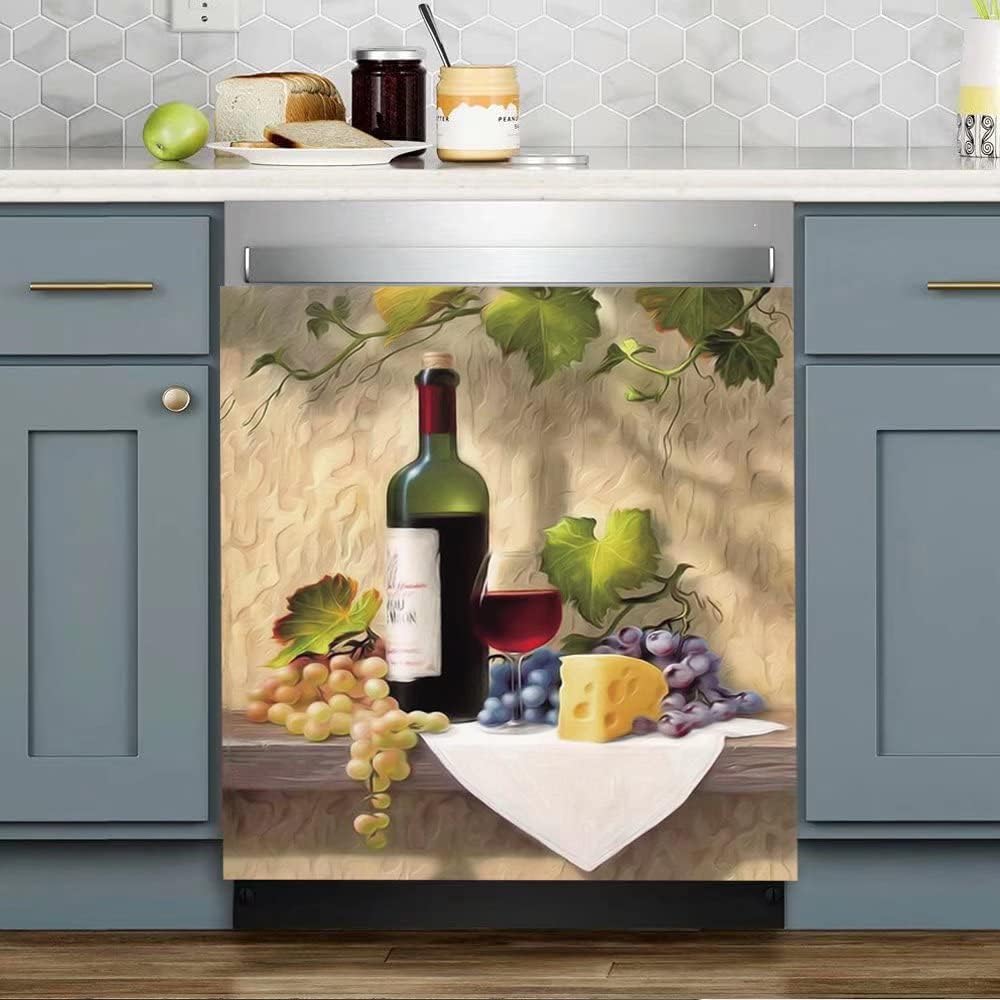 Wine Decor Magnetic Dishwasher Cover, Country Grape Fridge Sticker, Kitchen Decor Vinyl Magnet Panel Decal