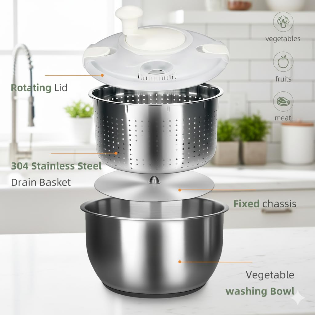 DuZhiLixon 6L-Stainless Steel Salad Rotator, Non-Slip Base, Vegetable Dishwasher, Multi-Use Lettuce Spinner, Kitchen Strainers.