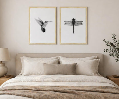 2pcs Black and White Minimalist Wall Art Modern Hummingbird Dragonfly Poster Print, Scandinavian Japandi Style Nature Picture Painting, Neutral Bedroom Living Room Wall Decor 12x16 Inches