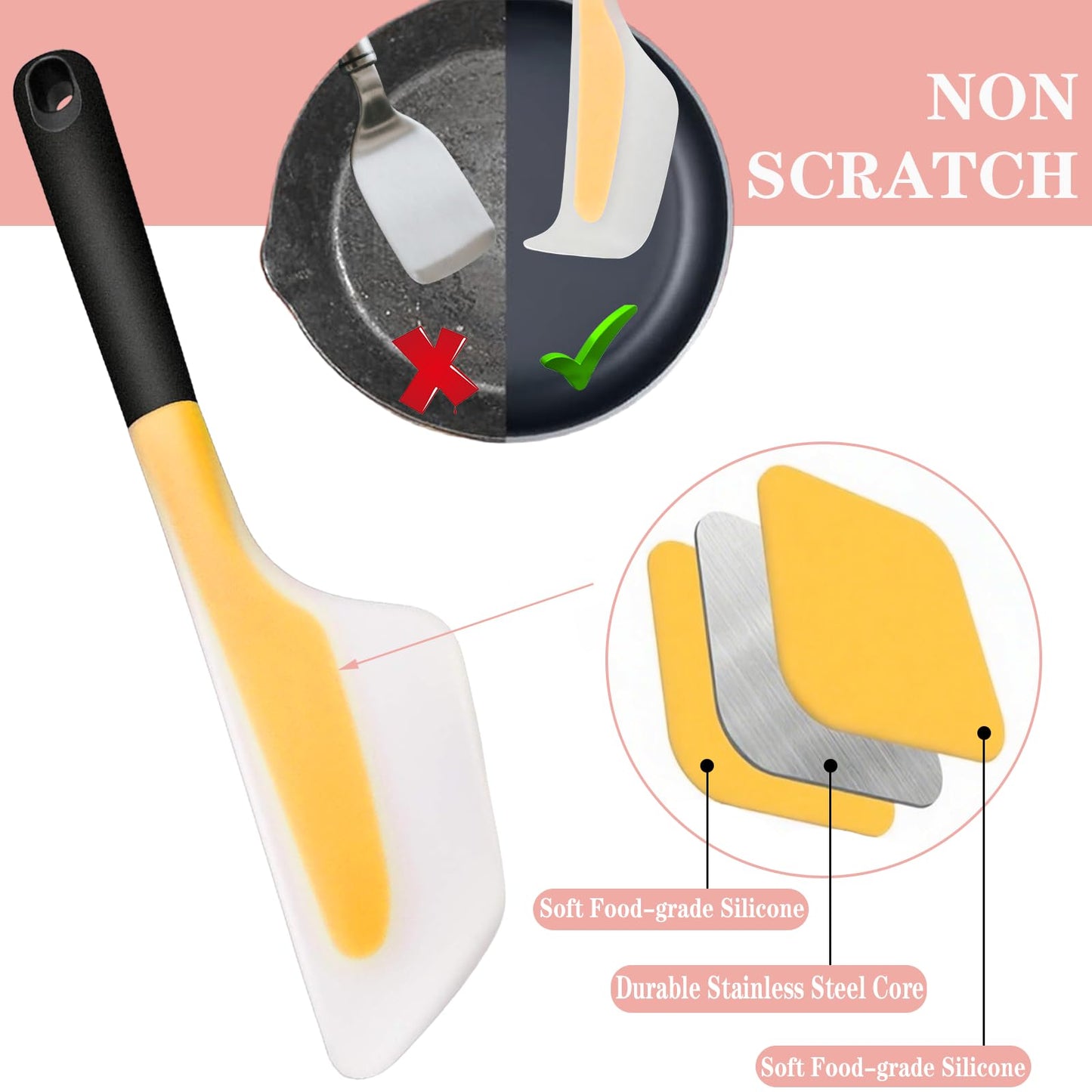 Bigwinyep Omelette Spatula, Silicone Spatula Heat Resistant Flip and Fold Omelette Turner for Kitchen Omelet Pancake Crepes, Pink&Yellow