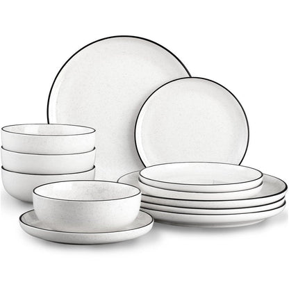 SOVEGLEE Plates and Bowls Sets for 4,12 Pieces Ceramic Dish set, White Dinnerware Set for Kitchen, Modern Design Plate Sets with Black Rim, Microwave and Dishwasher Safe