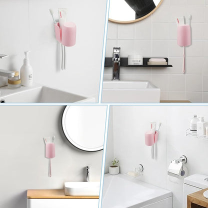 oppfacx Toothbrush Holders for Bathrooms Toothbrush Holders Wall Mounted BPA-Free Tooth Brush Holder with Toothbrush Cup Drilling-Free (Pink)