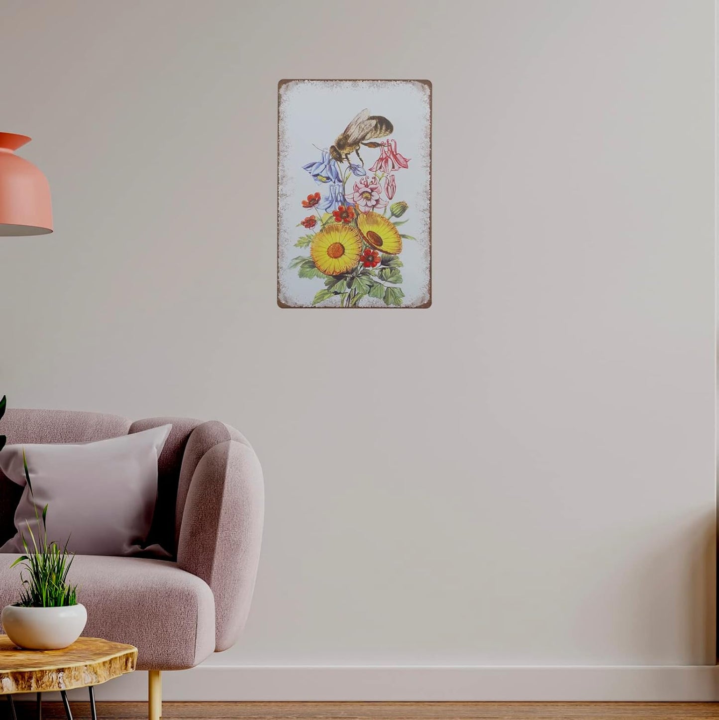 Retro Metal Tin Sign, Bee Sunflower Summer Wall Decor, Farmhouse Decor for Home Cafes Office Store 8 x 12 in