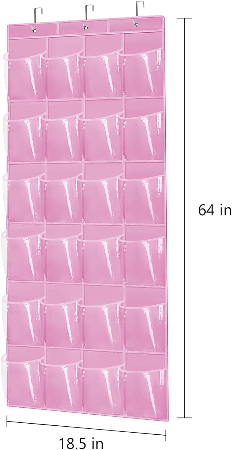 Over The Door Shoe Organizer: Space Saving Rack with 24 Pockets, Hook, and Hanging Shoe Holder (Pink)