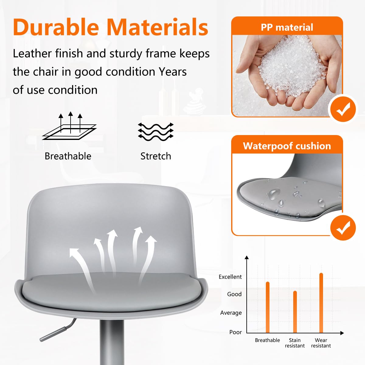 Kidol & Shellder Bar Stools Set of 4 Adjustable Counter Height Barstools Modern PU Leather Swivel Tall Bar Chairs Upholstered Bar Stool with Back for Kitchen Island（Gray）
