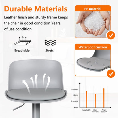 Kidol & Shellder Bar Stools Set of 4 Adjustable Counter Height Barstools Modern PU Leather Swivel Tall Bar Chairs Upholstered Bar Stool with Back for Kitchen Island（Gray）