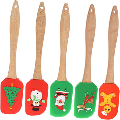 5pcs Cream Spatula Set, Wooden Handles Silicone Baking Sheet for Christmas Cake Decorating, Wear-resistant Tool.