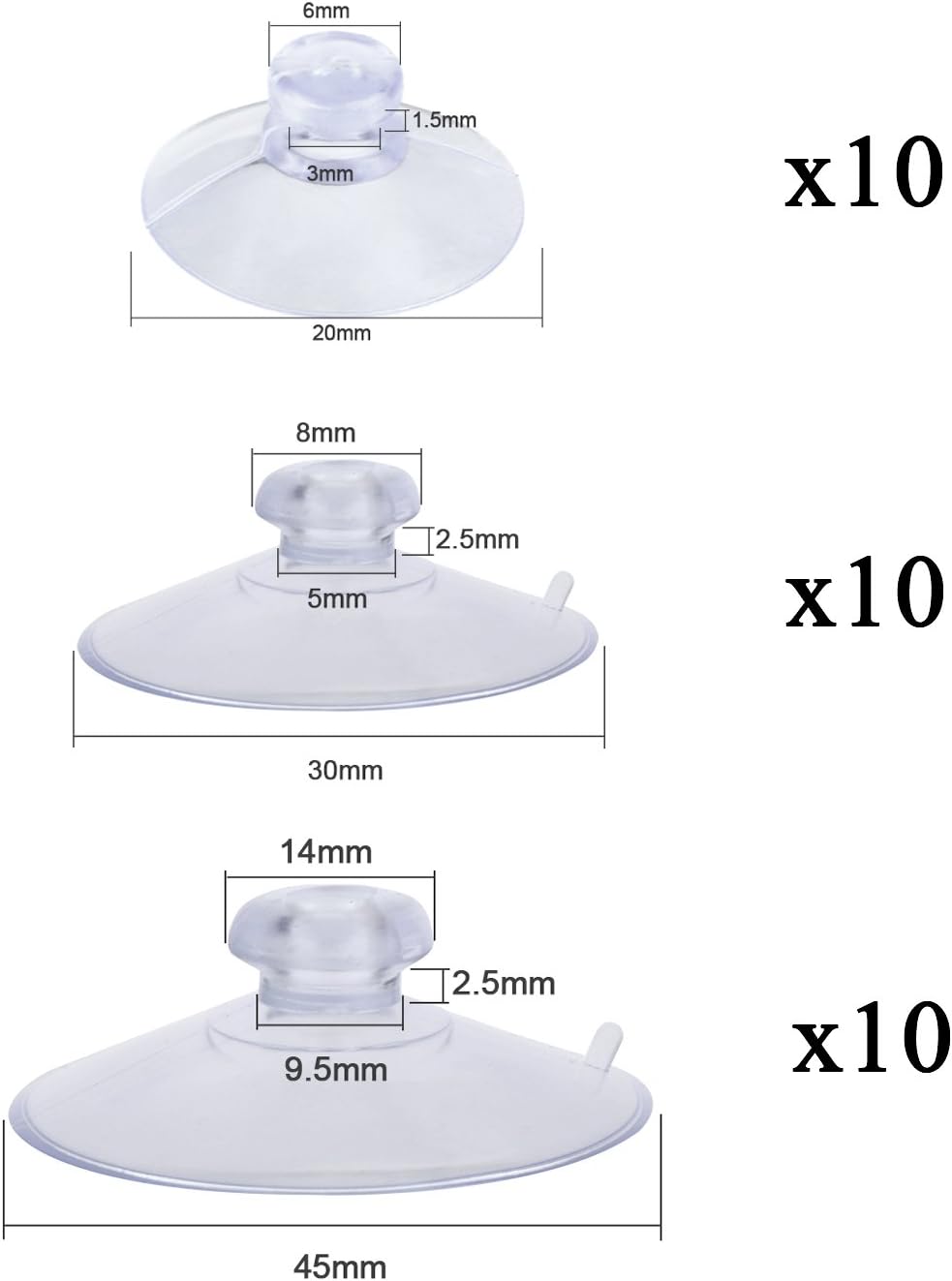 Whaline 30 Packs Suction Cup Plastic Sucker Pads - Clear, 3 Sizes, 45 mm, 30 mm, 20 mm