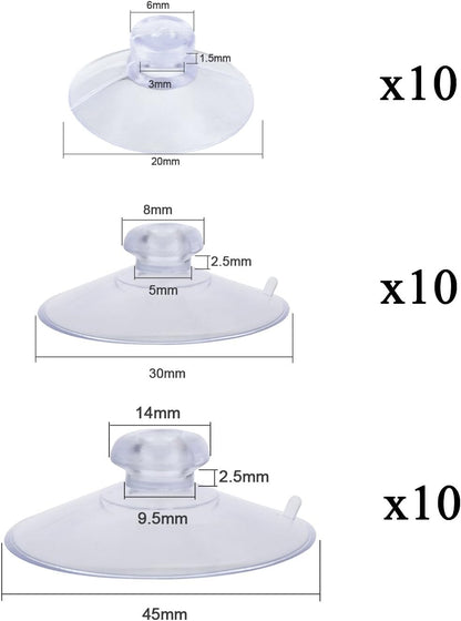 Whaline 30 Packs Suction Cup Plastic Sucker Pads - Clear, 3 Sizes, 45 mm, 30 mm, 20 mm