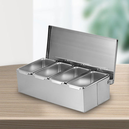 Ejoyous Seasoning Organizer Box, 4 Compartment Trays Stainless Steel Rack Set Large Capacity Storage Seasoning Case for Kitchen Camping Food Cream Parlor 14 x 8.8 x 30.5cm