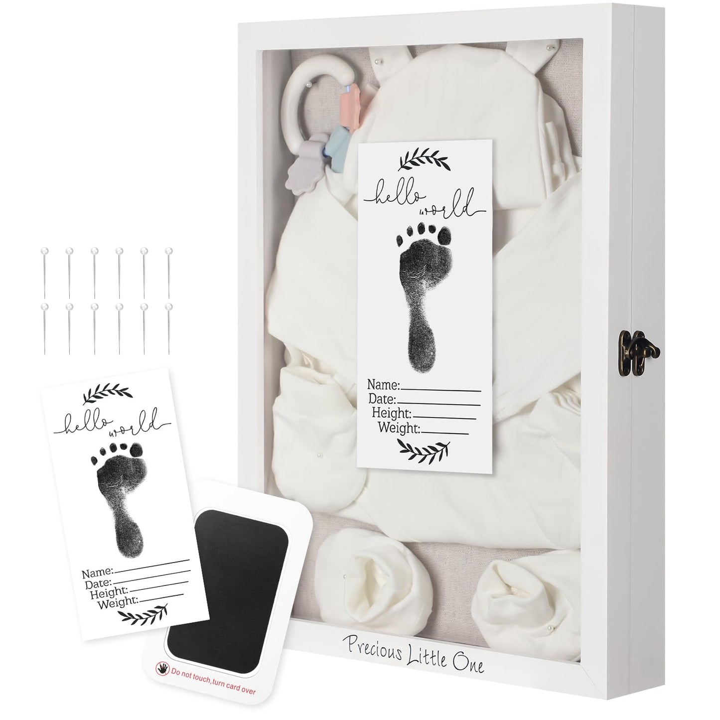Jetec 12 x 16 Baby Shower Shadow Box Large Baptism Gift Baby Keepsake Box with Linen Back Hello World Newborn Sign Ink Pad Wood Memory Frame Case for Gender Reveal New Dad Mom Keepsake(White)