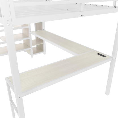 KEIKI Metal Loft Bed Queen Size with L-Shaped Desk, USB Port, Wardrobe, Adjustable Shelf, and LED Lights, High Loft Bed with Stairs for Teens and Adults, White Wood Grain