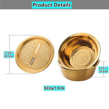 QOBIMOON 3PC/Set Colander set Stainless Steel Vegetable Slicer Fruit Potato Peeler Carrot Grater Strainer Utensil Round Rice Washer Bowl Drain Basket-Gold