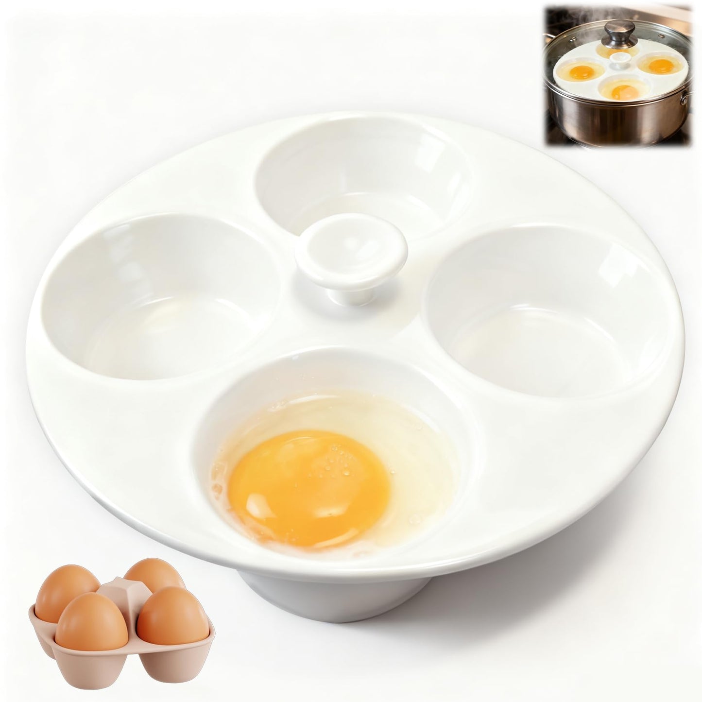 Ceramic Egg Poacher, 4-Cup Egg Poacher Pan Nonstick for Perfect Poached Eggs, Poached Egg Cooker Compatible with Most Pots, Stovetop Cooking, Easy-Clean Egg Cooker Poacher for Perfect Poached Eggs