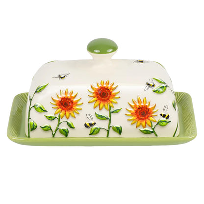 Butter Dish with Lid for Countertop, Sunflower Butter Keeper Holder, 7.5”x4.3” Large Ceramic Butter Tray Storage Sunflower Decor Valentine's Day Mother's Day Gifts
