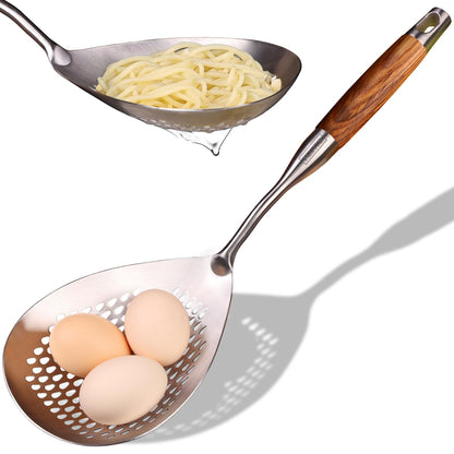 MARTE 16.5in 304 Stainless Steel Skimmer Slotted Spoon - Pasta Spider Strainer Ladle for Cooking and Frying - Kitchen Metal Scoop Colander With Heat Resistant Wooden Handle
