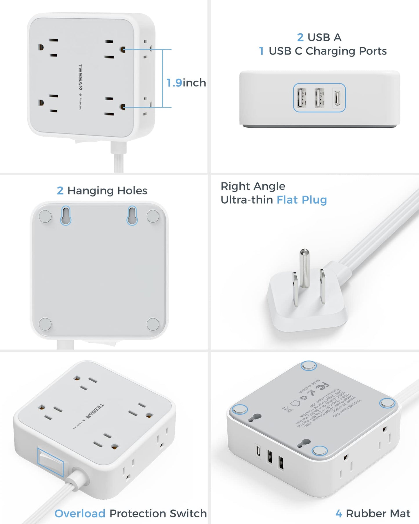 TESSAN Surge Protector Flat Extension Cord Flat Plug Power Strip, 8 AC Outlets, 3 USB Charger(1 USB C Port) 3 Sided Outlet Extender, 5 Ft, 900 Joules Protection, Office Supplies, Dorm Room Essentials