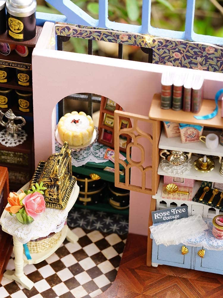 CUTEROOM Dollhouse Miniature with Furniture, 3D Wooden Miniature Doll House with Music Box & LED Lights,1:24 Scale DIY House Kit (Rose Garden Tea House)