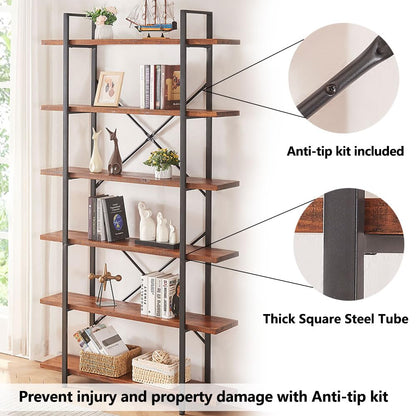 HSH 6 Tier Solid Wood Bookshelf, Industrial Wood and Metal Tall Large Etagere Bookcase and Storage Shelves, Rustic Open Natural Real Wooden Book Shelf for Bedroom Living Room, Distressed Brown